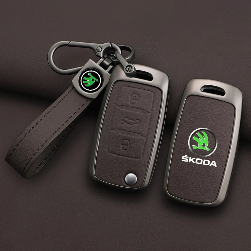 Zinc Alloy Leather Car Remote Key Case Cover Protector Shell Fob For Skoda Superb A7 Kodiaq Octavia A7 A8 Keychain Accessories