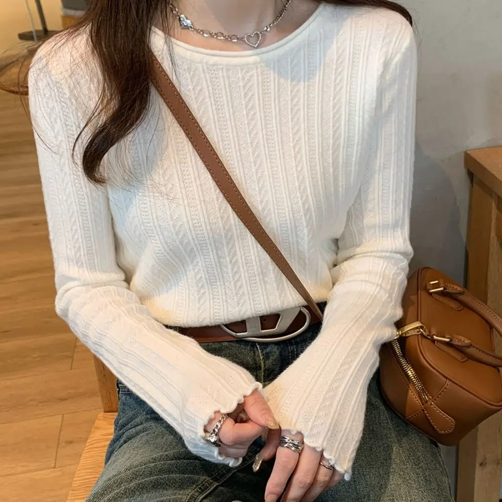 Ruffled Edge Long Sleeved Knitwear Bottoming Shirt Slim Fit Sweater Top Spring Autumn Winter Pullover Knitted Top for Women Fall