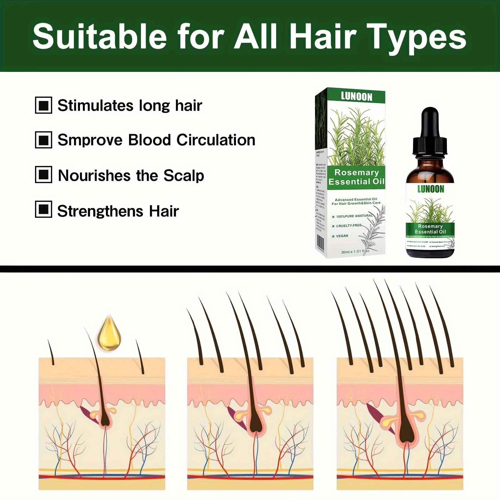 

30ml Rosemary Essential Oil for Hair Growth & Care Plant Exctract Oil for Thinning Hair, Scalp Nourishment & Healthy Shine