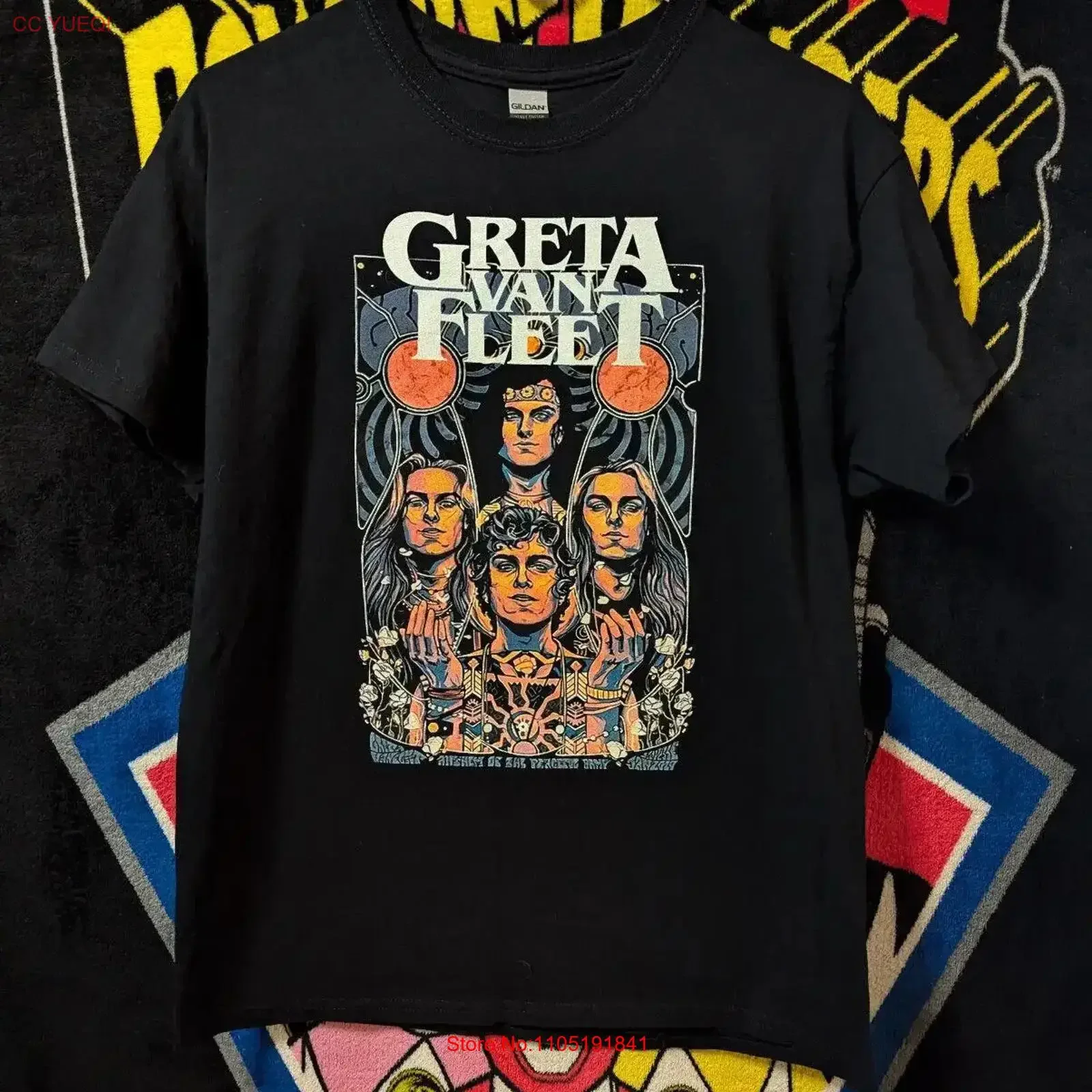 تي شيرت Greta Van Fleet Band أسود مقاس كبير عتيق مغسول ومسامي وممتد ملابس غير رسمية للجنسين ناعمة #1