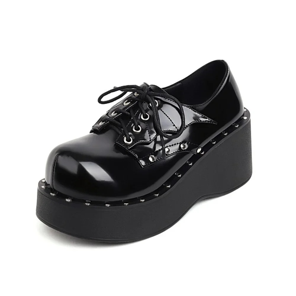 Women Lolita Rivet Belt Skull Decor Round Toe Sandals Shoes Platform Wedge High Heel Creepers Japanese Harajuku Dark Plus Size