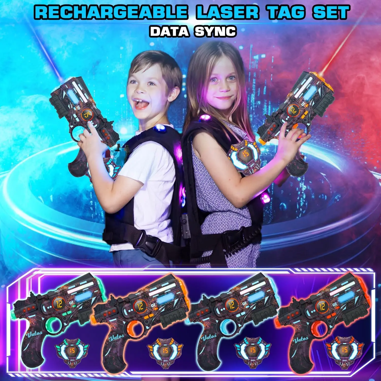 VATOS ricaricabile Health-value Data SYNC Laser Tag Gun set di Tag Laser a infrarossi 4 Vest Glowing Light Lazer Tag Game per adulti f