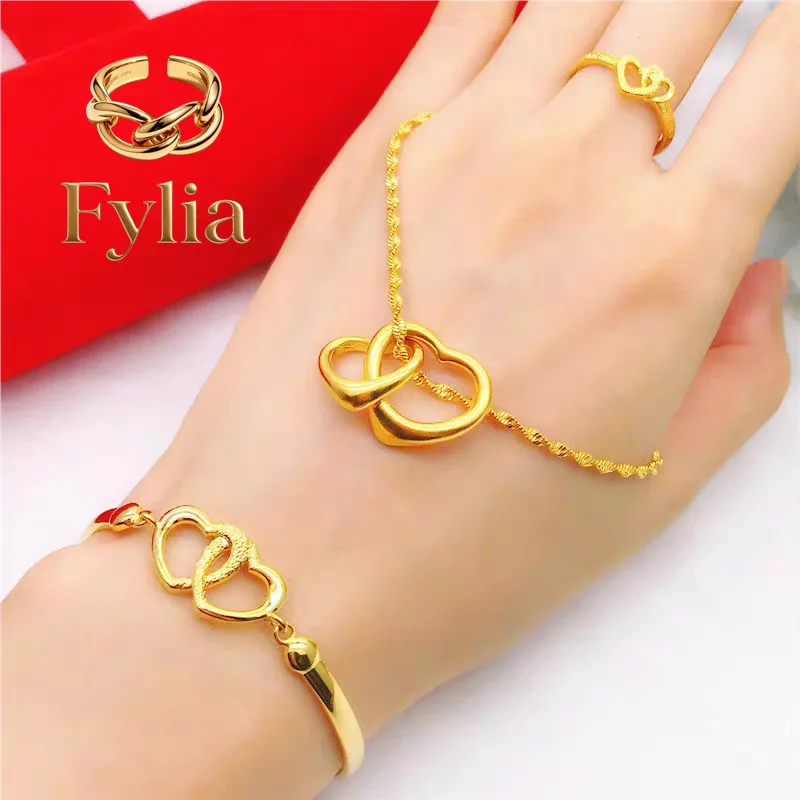 

Fylia Jewelry Luxury 24K 9999 Pure Gold real gold suit double love suit ladies bracelet necklace