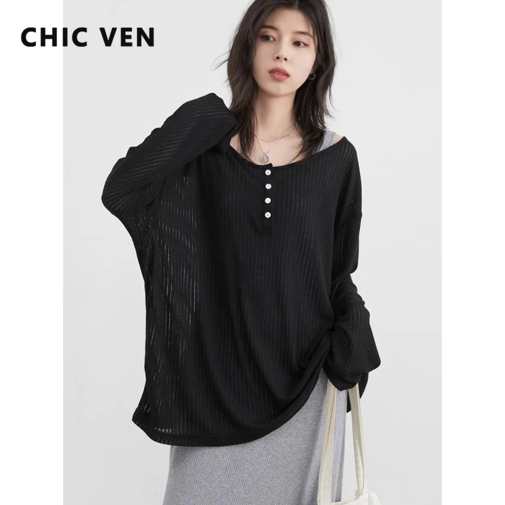 

CHIC VEN Korean Women T-Shirts Casual Loose Slightly Transparent O Neck Female Top Thin Tees Spring Summer 2025 Clothing