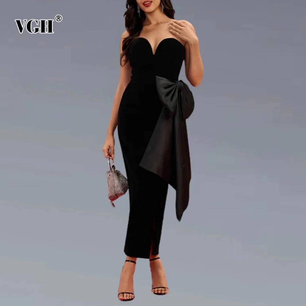 

VGH Solid Vintage Slimming Spliced Bowknot Dresses For Women Strapless Sleeveless Backless High Waist Sexy Dress Female Style