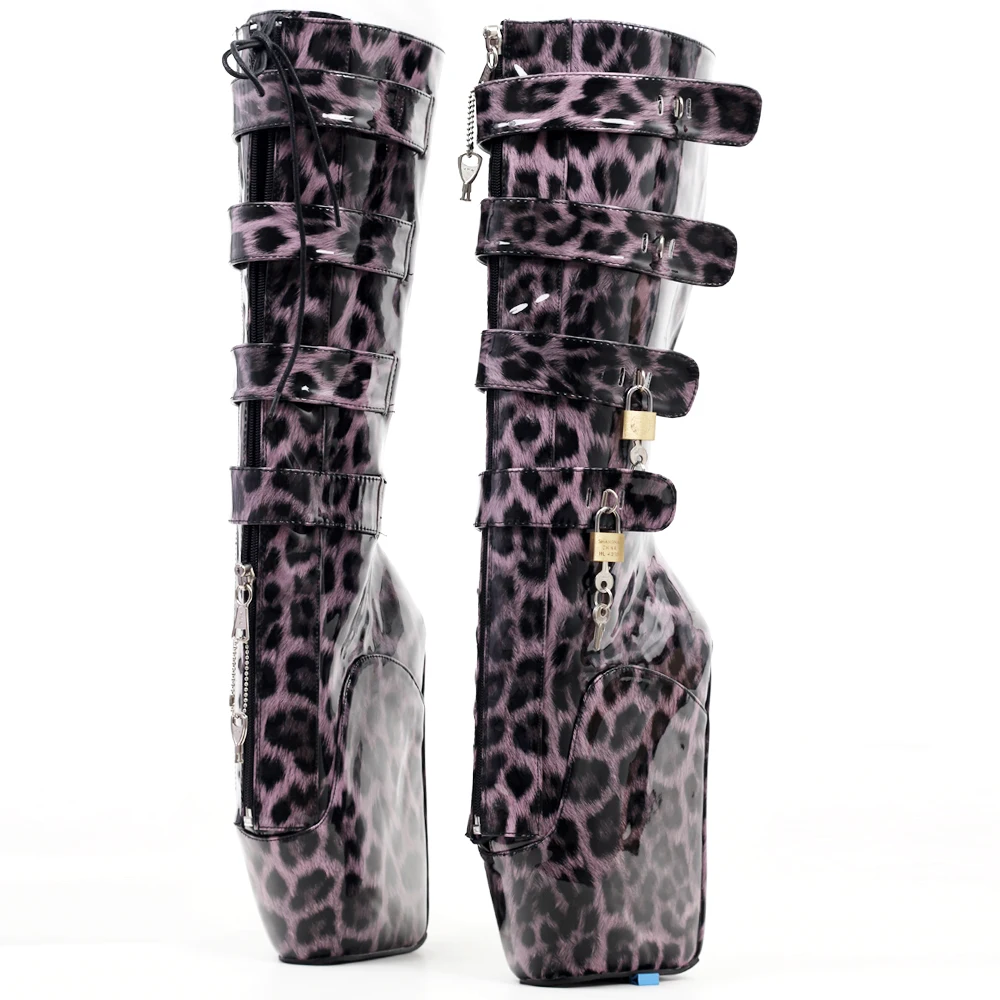 18CM Extreme High Heel Lace-up Lockable Zip Padlock Buckle Strap Sexy Fetish Knee-High Boots