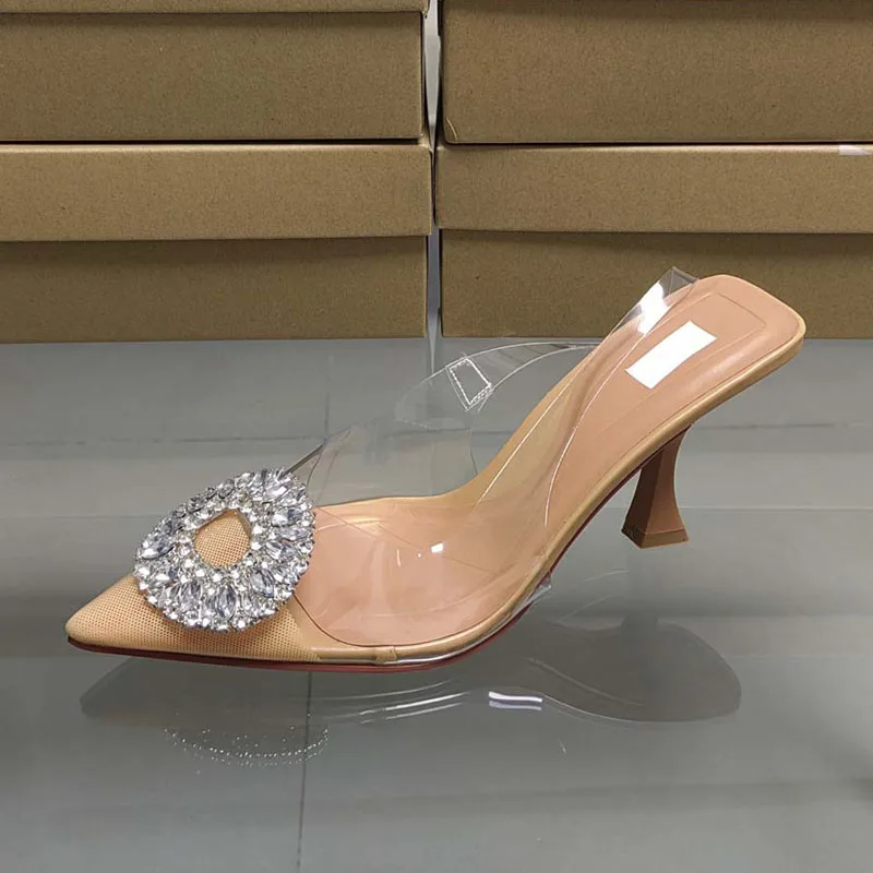PSEEWE 2024 Women Rhinestone Heeled Sandals Summer Sexy Slingbacks Pointed Toe Shoes For Women Pumps Elegant Party Lady Shoes
