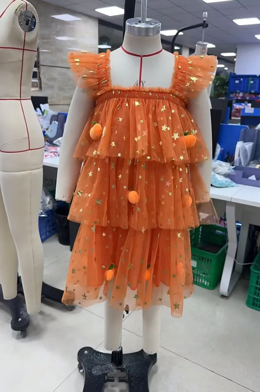 2027 Creative Toddler Baby Kids Girl Halloween Tulle Dress Pumpkin/Ghost Fly Sleeve A-line Layered Princess Dress with Flared