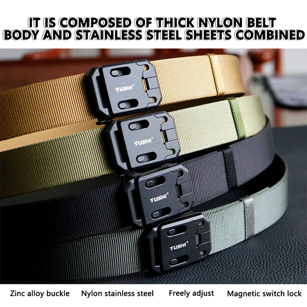 เข็มขัดเหล็กแบบแม่เหล็กอัตโนมัติ TUSHI รุ่นใหม่ เข็มขัดทหารสำหรับผู้ชาย เข็มขัดไนลอนแข็งแบบยุทธวิธี อุปกรณ์เสริมสำหรับกิจกรรมกลางแจ้ง IPSC