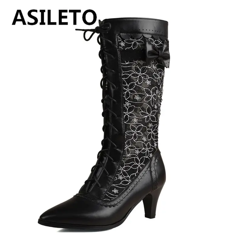 

ASILETO Women Sexy Knee High Summer Boots Pointed Toe Block Heel 6.5cm Lace Up Bowknot Flower Large Size 46 47 48 Fashion Bota