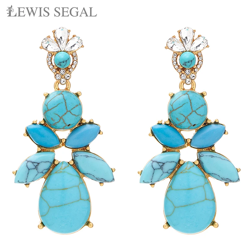 LEWIS SEGAL Luxury Medieval Style Fine Jewelry Vintage Multi-Size Blue Turquoise Earring for Women Girl 18K Gold Plated