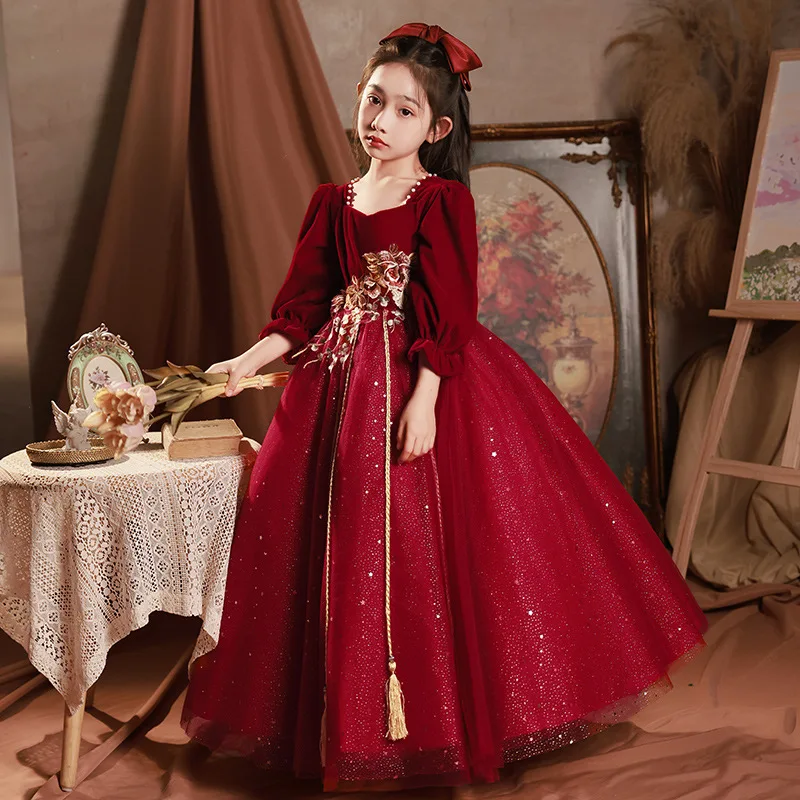

Children Pageant Dress for Girls Red Princess Party Gown Costume Kids Flower Girl Wedding Piano Performance Host Formal Dresses