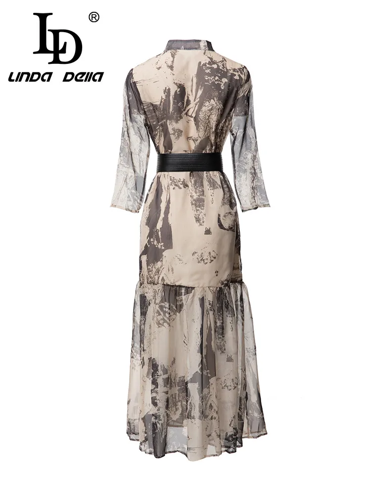 LD LINDA DELLA Summer High Quality Fashion Runway Dress Women Print Chiffon Tie-belted Button Long Sleeves Vintage Midi Dress