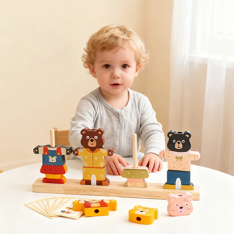 Montessori Wooden Animal Stacking & Dress Up Blocks Educational Toy Colorful Puzzle Imaginative Play For Children