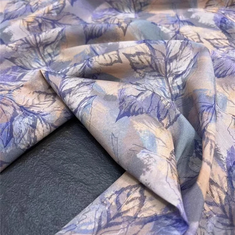 Classic Grey Purple Leaf Shadow Fashion Silk Elastic Crepe De Chine Fabric Designer Brand Clothing Shirt Dress High Grade Fabric