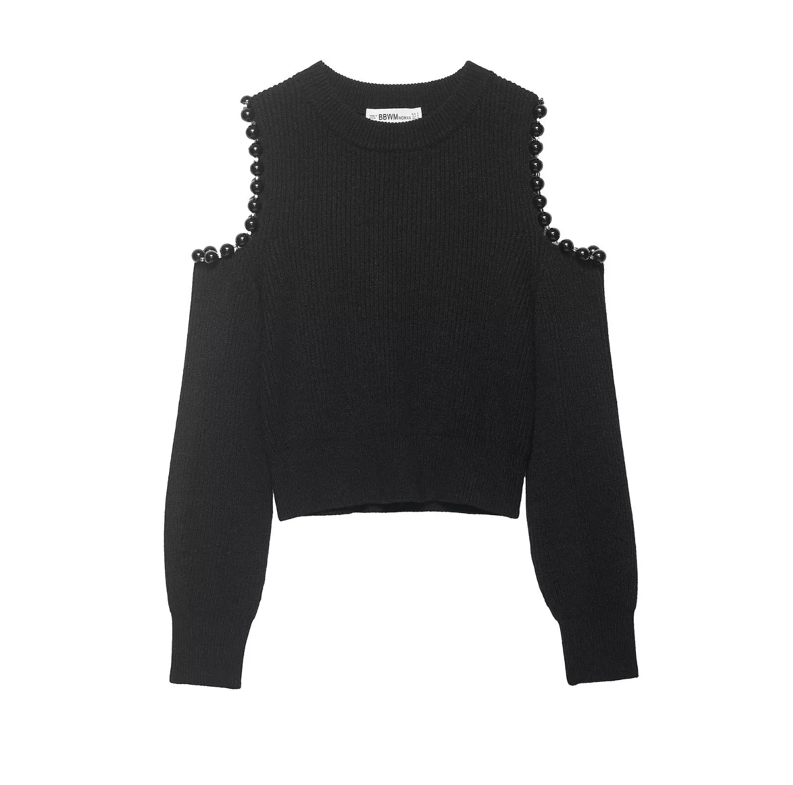 

2026 Spring Women's Hot Girl Style Round Neck Long Sleeve Off-Shoulder Hollow Ball Decorated Short Knit Sweater