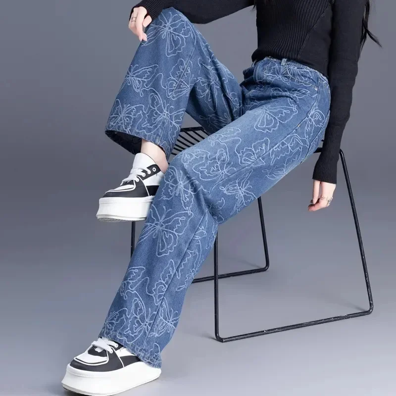 جديد واسعة الساق الجينز النساء الخريف عالية الخصر ونحيف عادية كل مباراة الجاكار ضيق قطع مستقيم الساق السراويل السيدات بنطلون #1