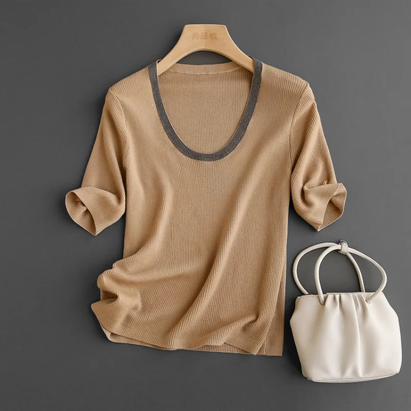 

2023 Spring High-quality U-neck Long Sleeve Knitted Tops Sweater Women