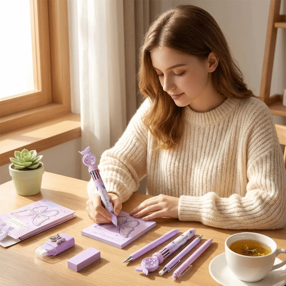 Retractable Gel Pens Butterfly Stationery Set Everlasting Pencil Sticky Notes School Supplies Kit Multi-Style Correction Tape