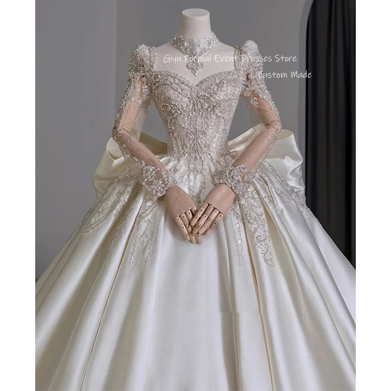 Giyu Luxury Ball Gown Satin Wedding Dresses Korea Long Sleeves Applique Lace Bowknot Royal Bridal Gowns 2024 Customized