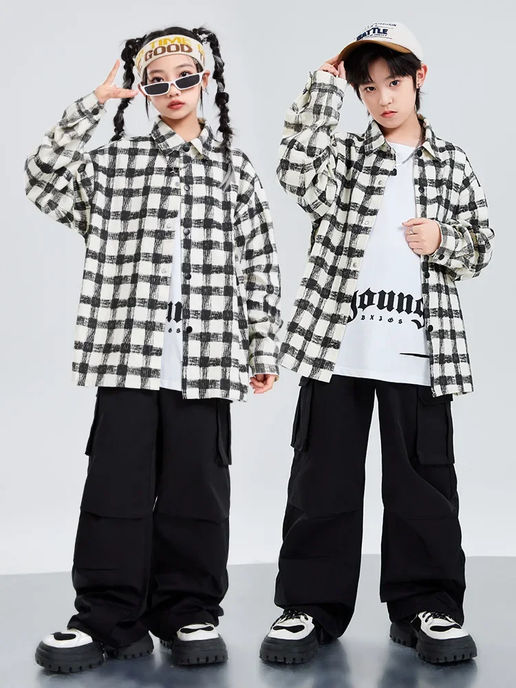 Hip Hop Jungen Kariertes Hemd Cargo Hosen Mädchen K-pop Kleidung Jazz Dance Sets Kinder Streetwear Kinder Straße Kostüm