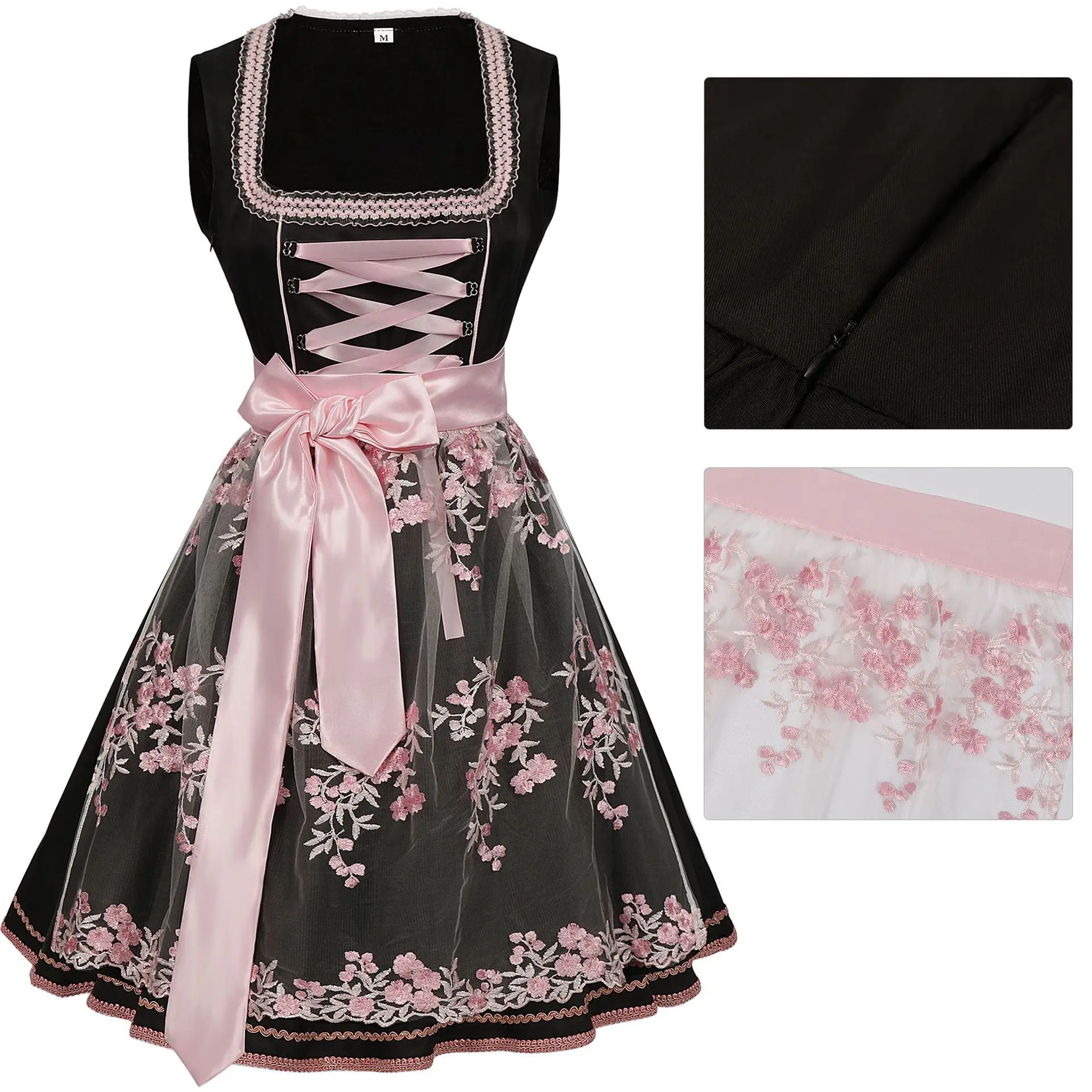 

Oktoberfest 2025 Black Dirndl Dress with Pink Apron Bavarian Traditional Costume for Women Maid Cosplay Beer Girl Halloween