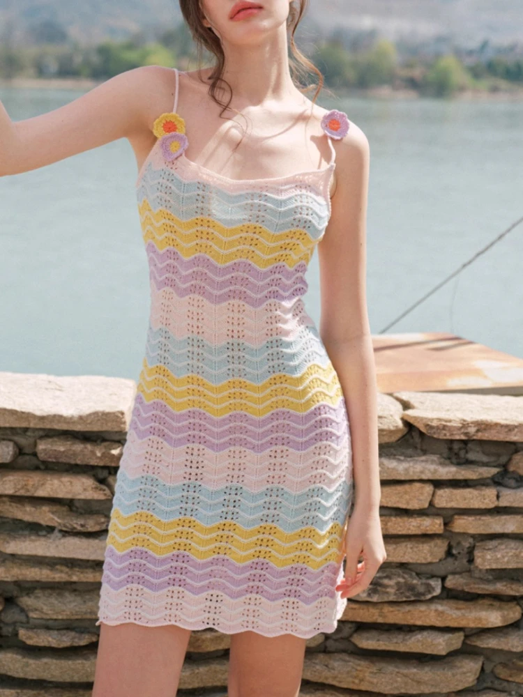 Women Crochet Colorful Bodycon Knit Dress Sleeveless Rainbow Stripe Knit Dress with Floral Shoulder Detail