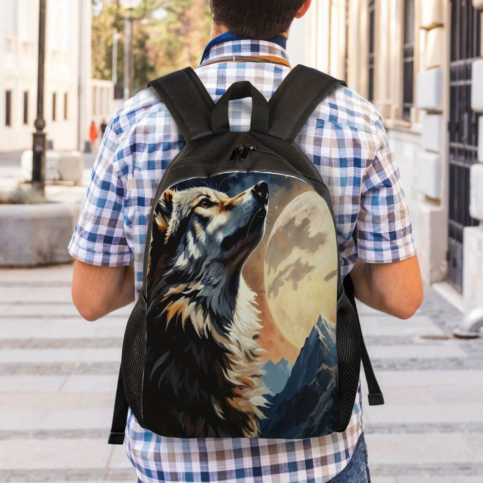 Print Cool Lightweight Backpack With Side Pocket For Bottle, Casual Schoolbag For Young Man's & Women's Commute