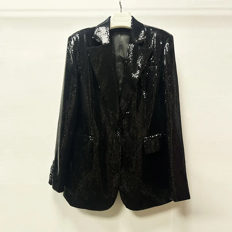 2024 New Fashion One Button Bling Shining Black Sequins Loose Suit Coat Outfit Women In Outerwears Blazer