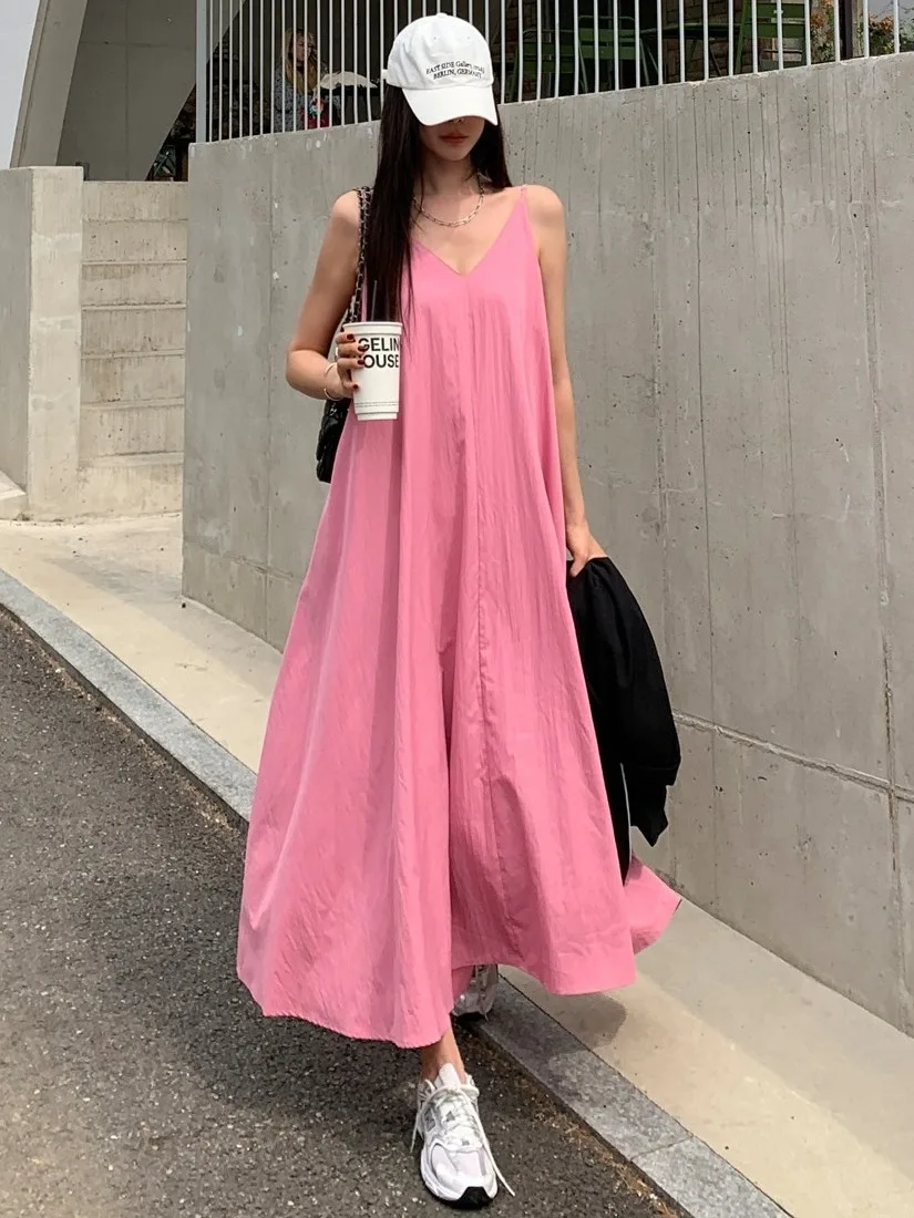

Summer New Sle Women's V-ne Svel Dr Loose Fit Highlight Clavicle Long Dr Commute Casual Pure Color