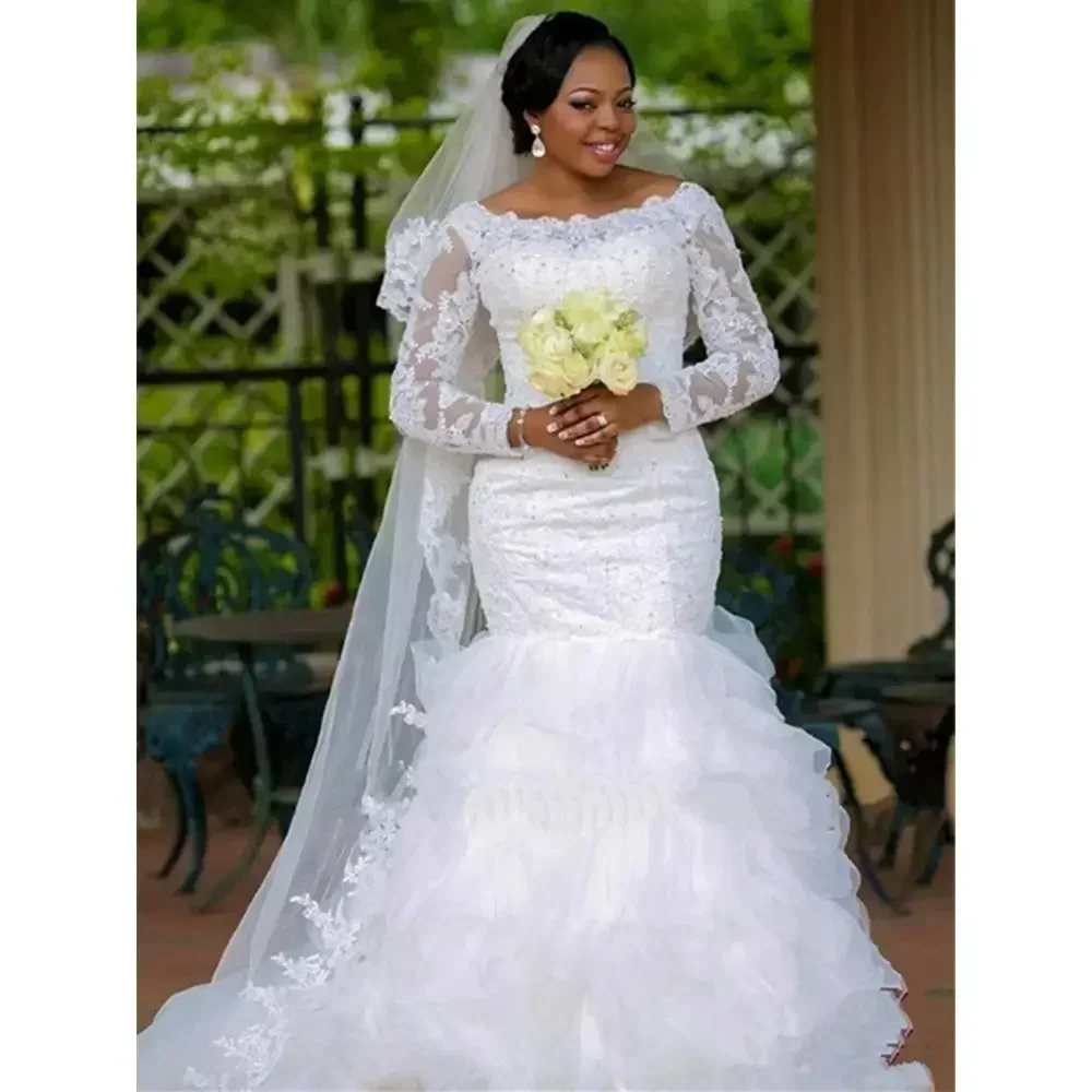 Customized African Mermaid Lace Wedding Dresses Beads Sequins Boat Neck Illusion Long Sleeves Cheap Plus Size Bridal Gowns Vesti