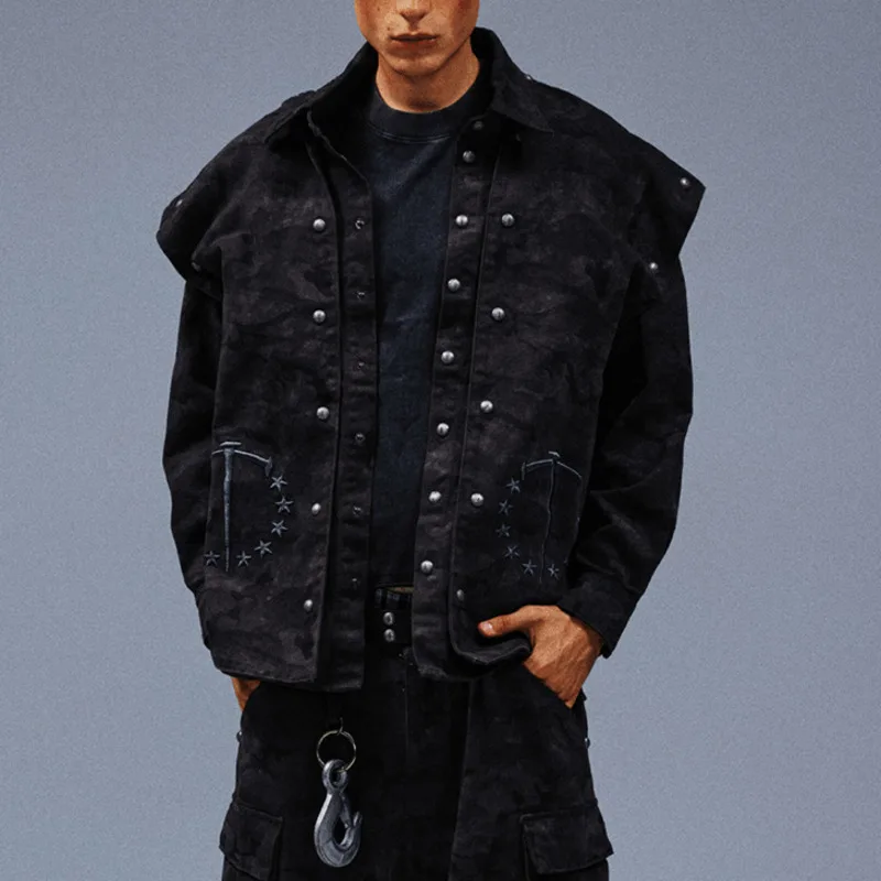 HKSH Spring Autumn New Men Safari Style Ins Detachable Camouflage Shirt Jacket Dark Design Embroidery Rivet Spliced Coat HK18826