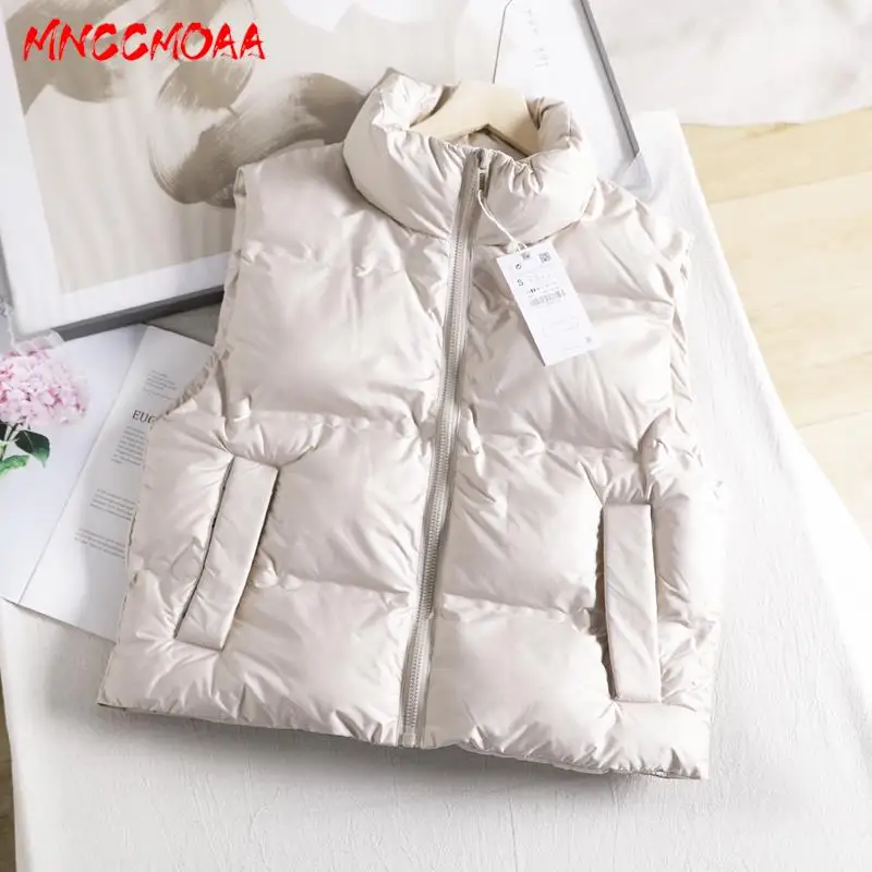 MNCCMOAA-Women\'s Sleeveless Waistcoat, Vest Coat, Loose, Stand Collar, Monochromatic, Casual Zipper Warm Top Winter Fashion 2024