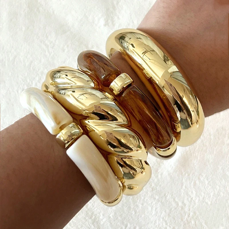 4pcs Vintage Minimalist Elegant Brown Resin Elastic Bangle Set Gold Color Smooth Open Bracelets For Women Daily Holiday Jewelry image 2