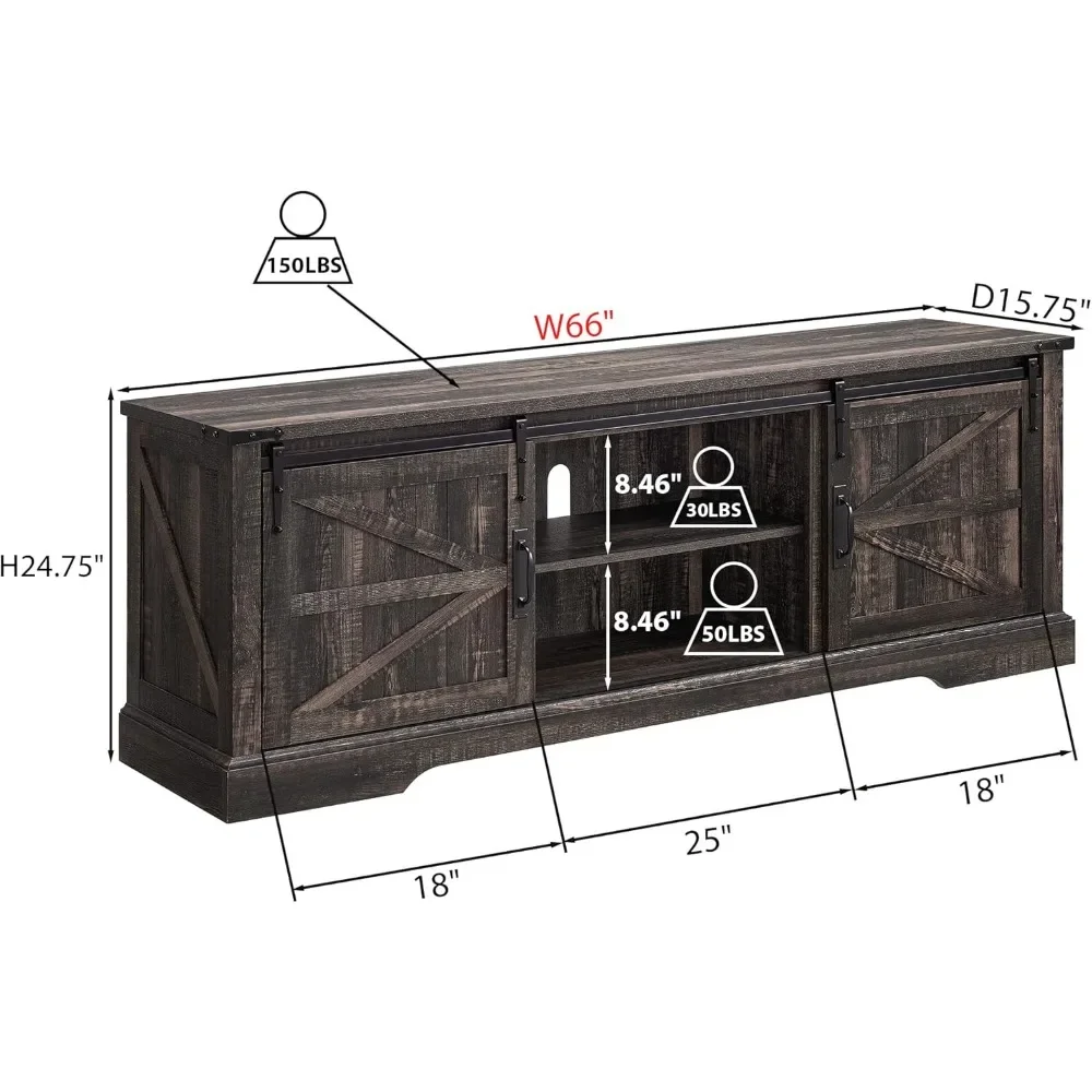 슬라이딩 헛간 문짝 있는 농가 TV 스탠드, 소박한 목재 엔터테인먼트 센터, 대형 미디어 콘솔 캐비닛, 75 인치 TV용
