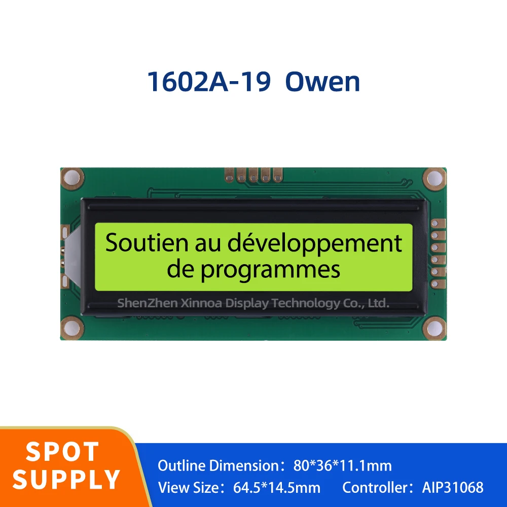 Tela LCD de caráter europeu, AIP31068, filme verde, apoiando o desenvolvimento do esquema IIC, porta serial I2C, 2x16, 1602A-19