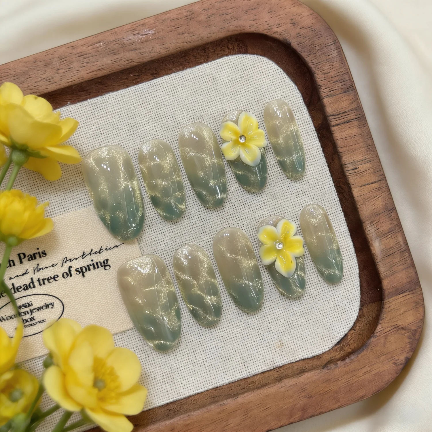 

10 шт. накладных ногтей «Кошачий глаз» ручной работы, имитация ногтей, цвета лимон, морская соль, мятно-зеленый, океан, 3D цветы, полное покрытие, накладные ногти, многоразовые