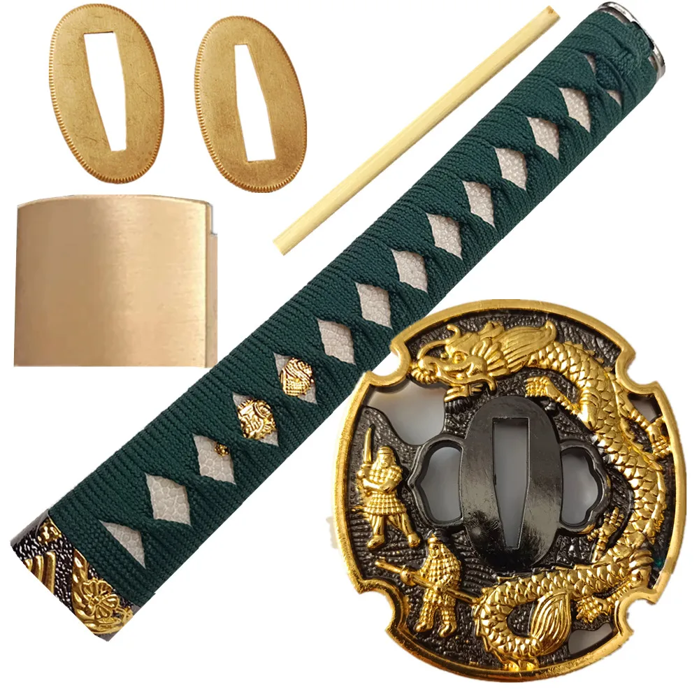 

26 см Katana Tsuka зеленая рукоятка из настоящей кожи брикет для японского меча вакидзаси Танто Набор Фитингов