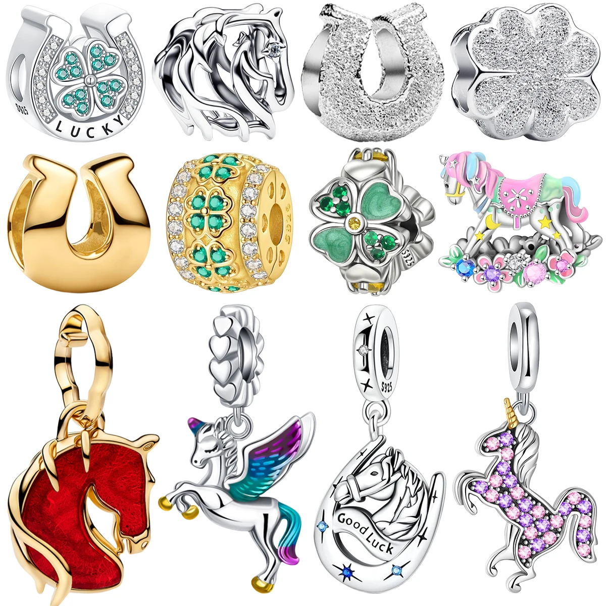 

Серебряный шарм-подкова 925 пробы с блестками, четырехлистником и конем, радужный единорог, украшение на Новый год, для браслетов и ожерелий, подарок