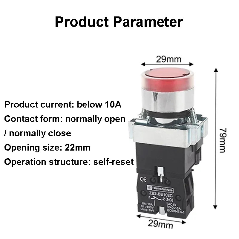 XB2-BW 22mm Self-reset/Momentary Metal Push Button Switch with LED Light NO/NC 24V 220V 380V Green Red Yellow Blue White