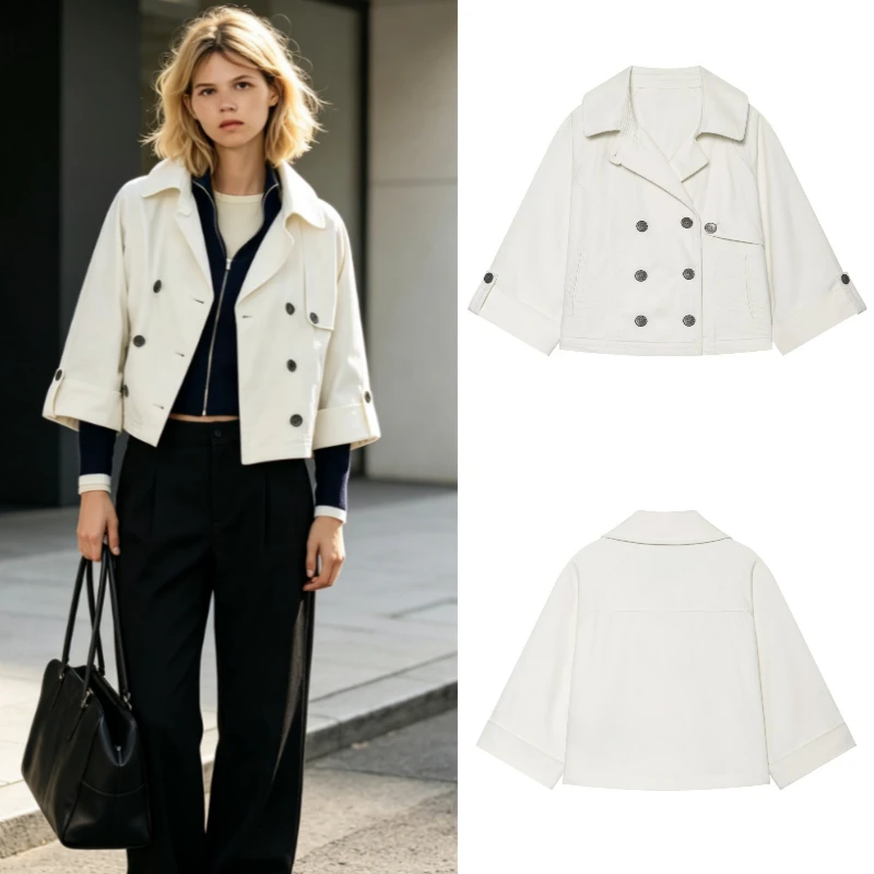 Women's Coat 2026 Autumn New Fashion Short Double Collar Button Windproof Polyester Standard Fit Jacket