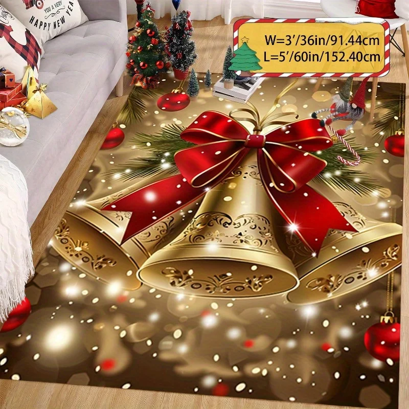 1pc Christmas Area Rug, Golden Star Background with Bell Pattern, Non Slip, Comfortable & Beautiful for Holiday Home Decor