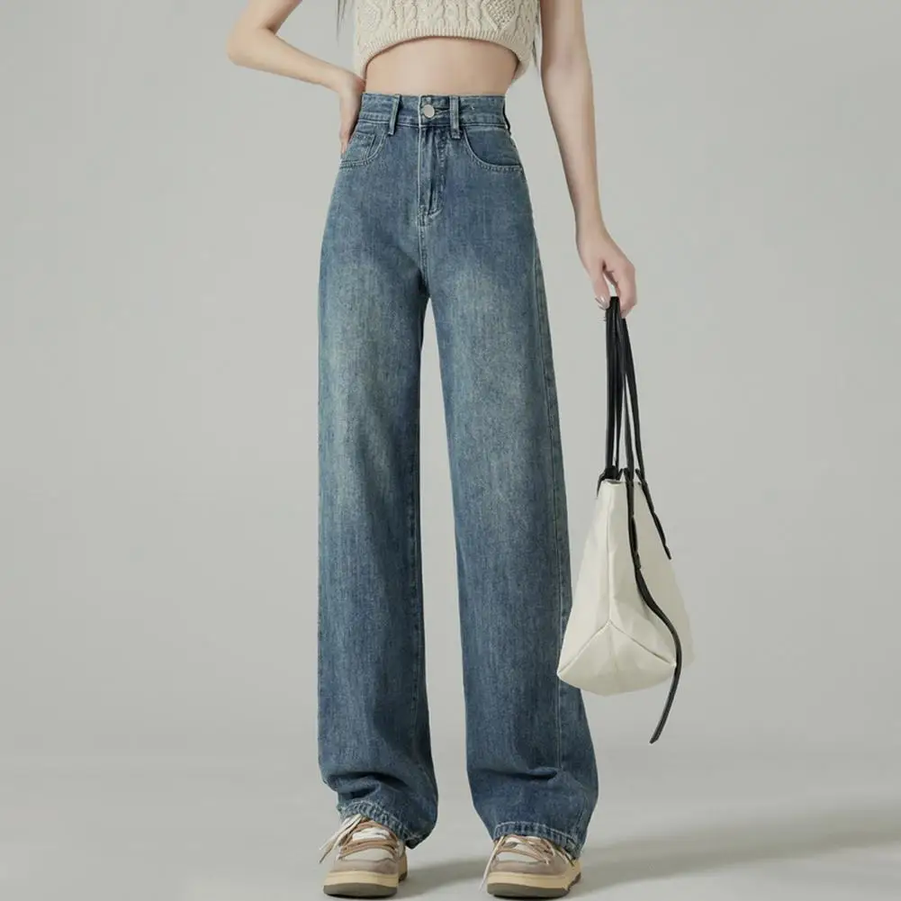 Pantaloni a gamba larga Jeans a gamba larga a vita alta retrò con tasche larghe di colore sfumato Streetwear alla moda per le donne a vita alta