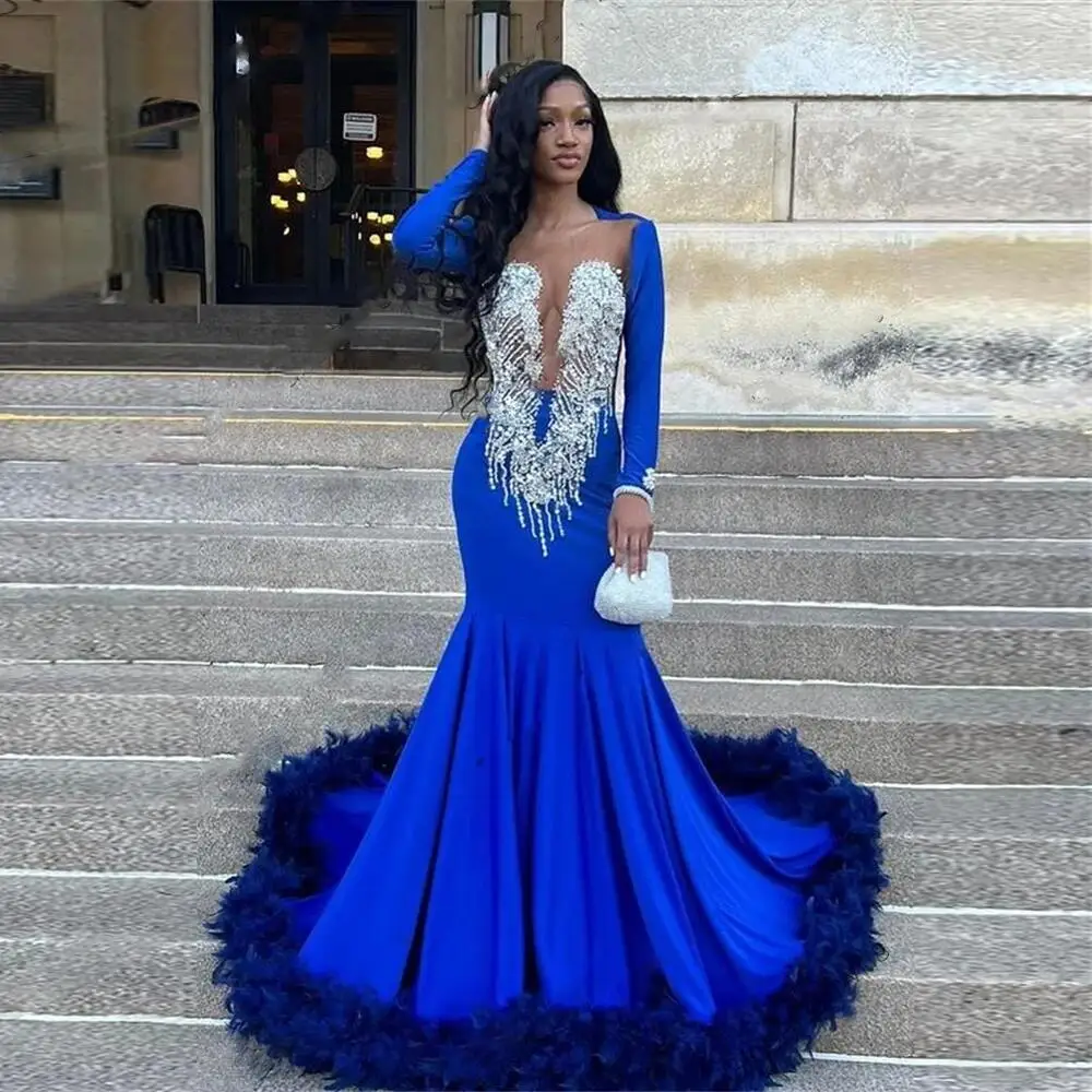 Blue Luxury Elegant Mermaid Evening Dress New Fashion Feather Unique Design Formal Occasion Dress فساتين للحفلات الراقصة