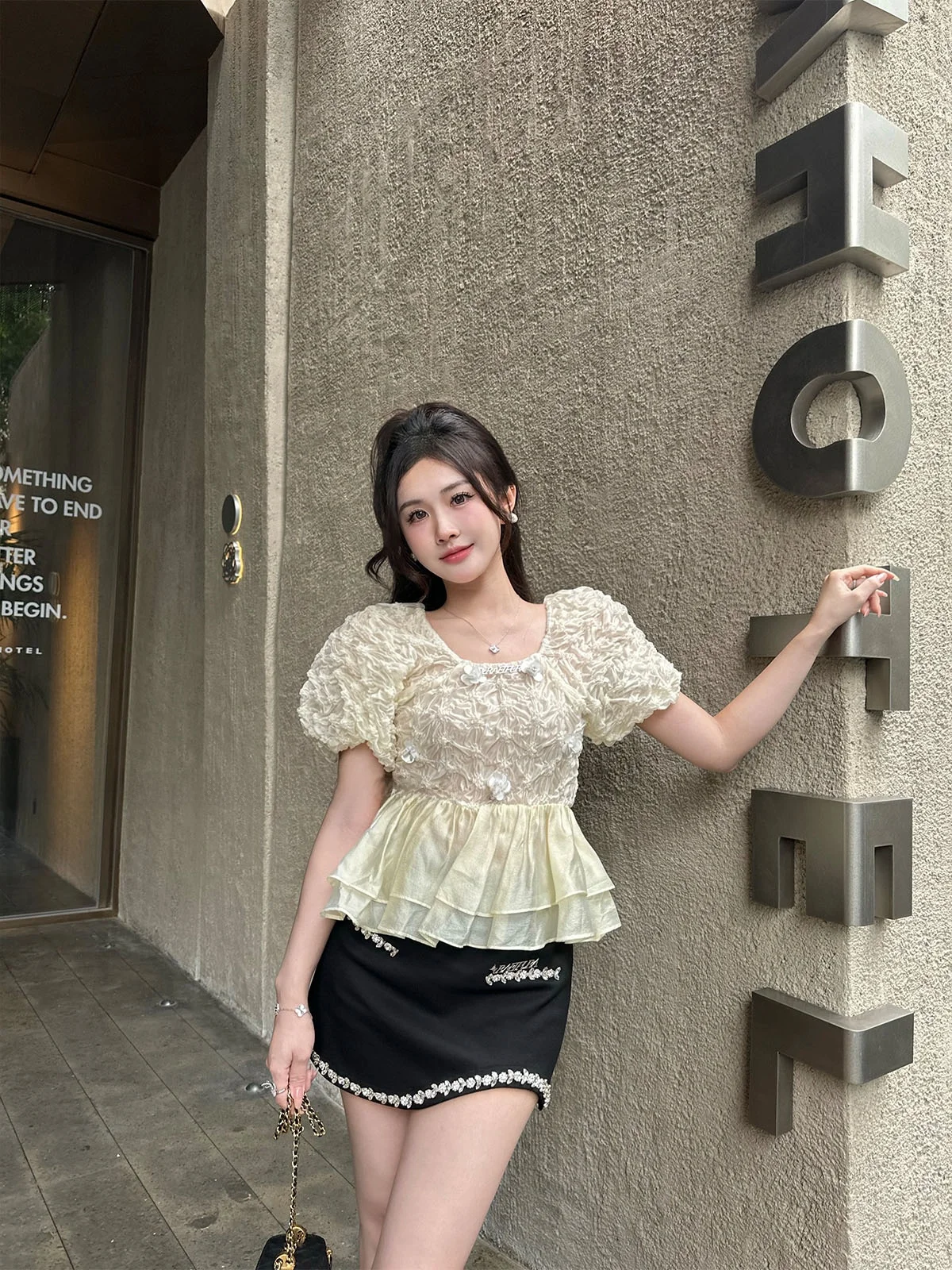 

JONIbyBEB Exclusive ence 3D Pleated Hand-Pierced Bead Flower A-Line ort irt Women's Commute Sle Bubble Sve