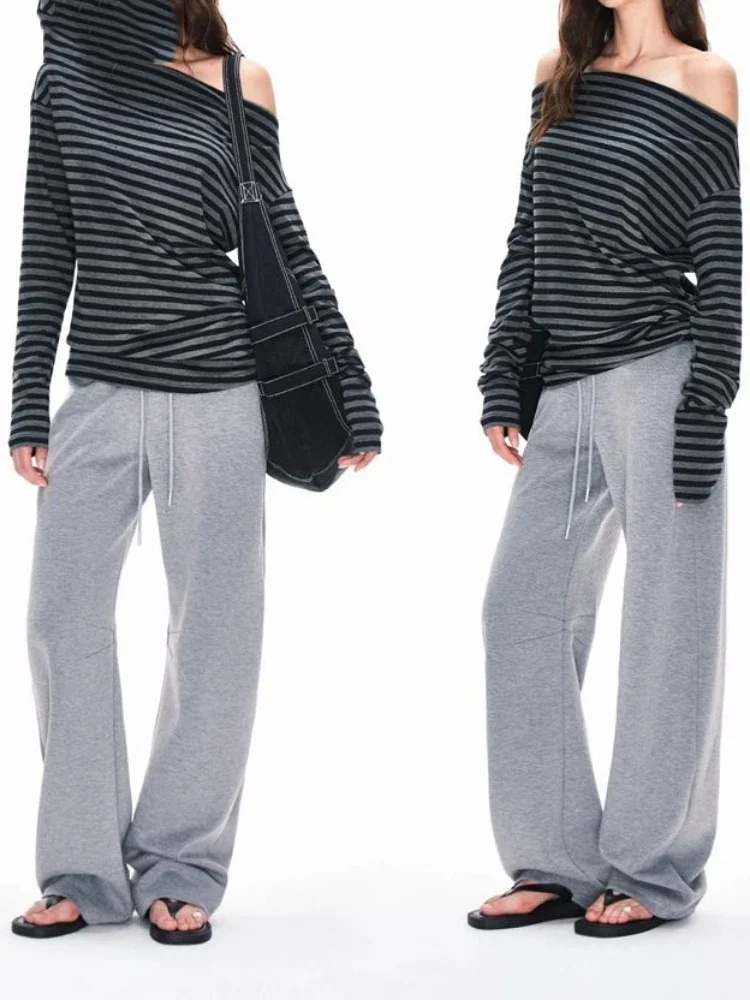 Y2k Aesthetics Stripes Slash Neck Tops Women Harajuku Casual Streetwear T-shirt Vintage Long Sleeve Simple Shirts Grunge E-girls