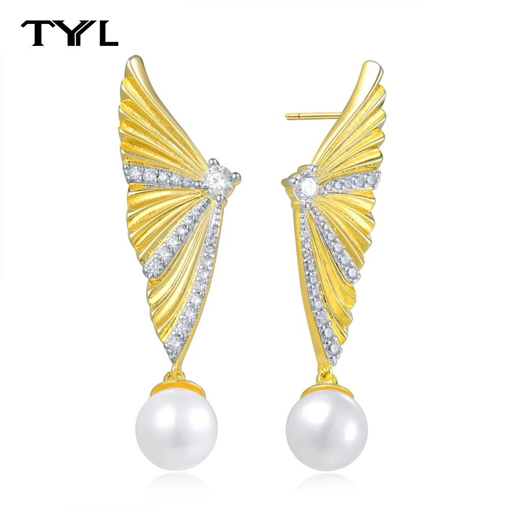 

TYYL Butterfly Wing Zircon Stud Earrings Women 925 Silver Needle 18k Gold Plated Half Wing Shell Pearl Drop Earring Girls Gifts