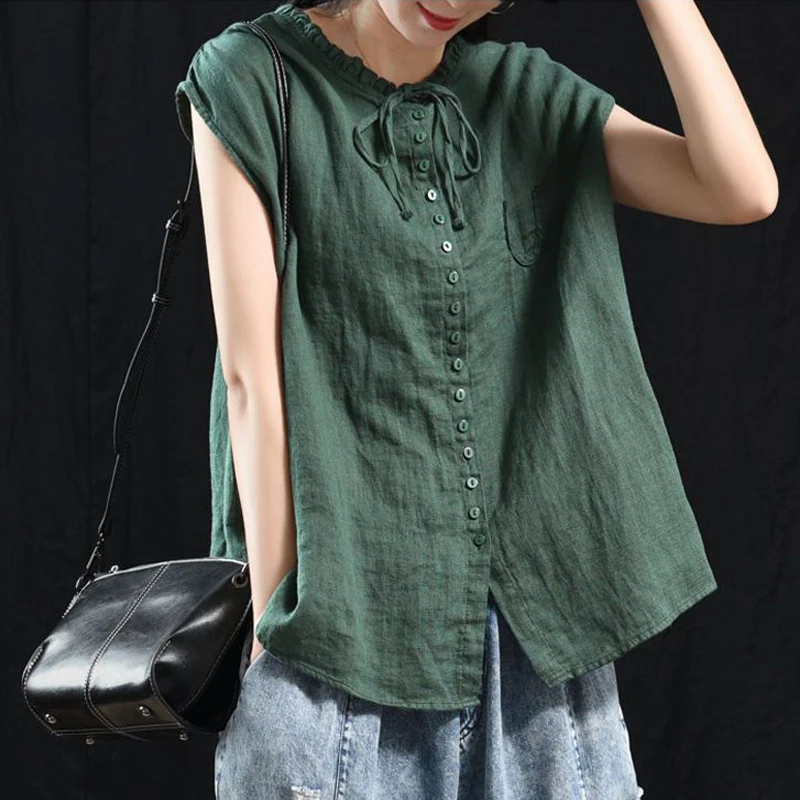 Women Ruffled Lace Up Retro Cotton Linen Button Up Shirt Summer Casual Simple Solid Sleeveless Shirts Irregular Loose Female Top