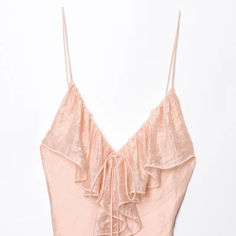 Vestido Midi F Novo Verão 2025 com Alça, Estilo Camada Decorativa com Detalhes de Roupa Íntima, Estilo Casual para o D...