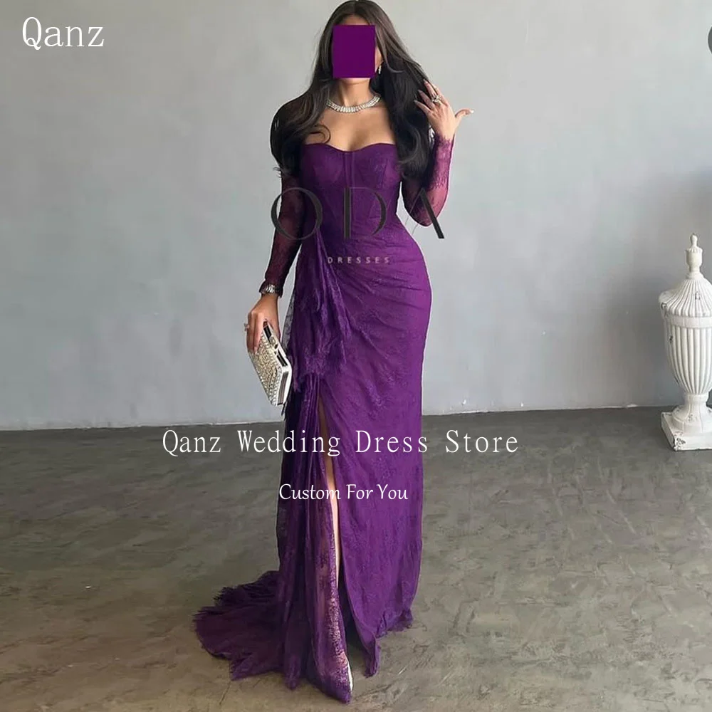 Qanz Saudi Arabia Evening Dresses Purple Lace High Slit Mermaid Formal Occasion Dresses Vestido Elegante Mujer Customized